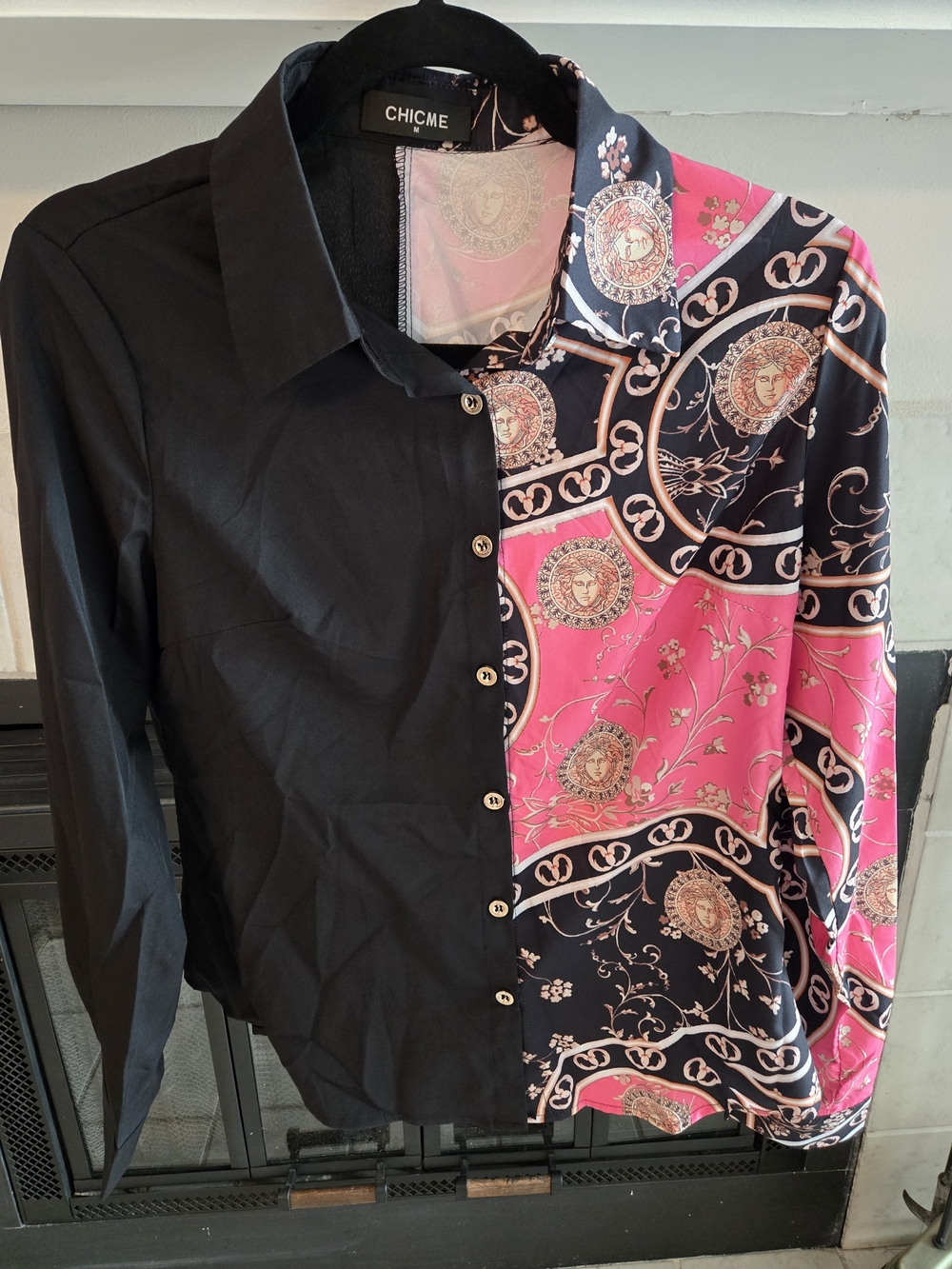 CHICME Black and Pink Split-Panel Printed Button-Up Blouse